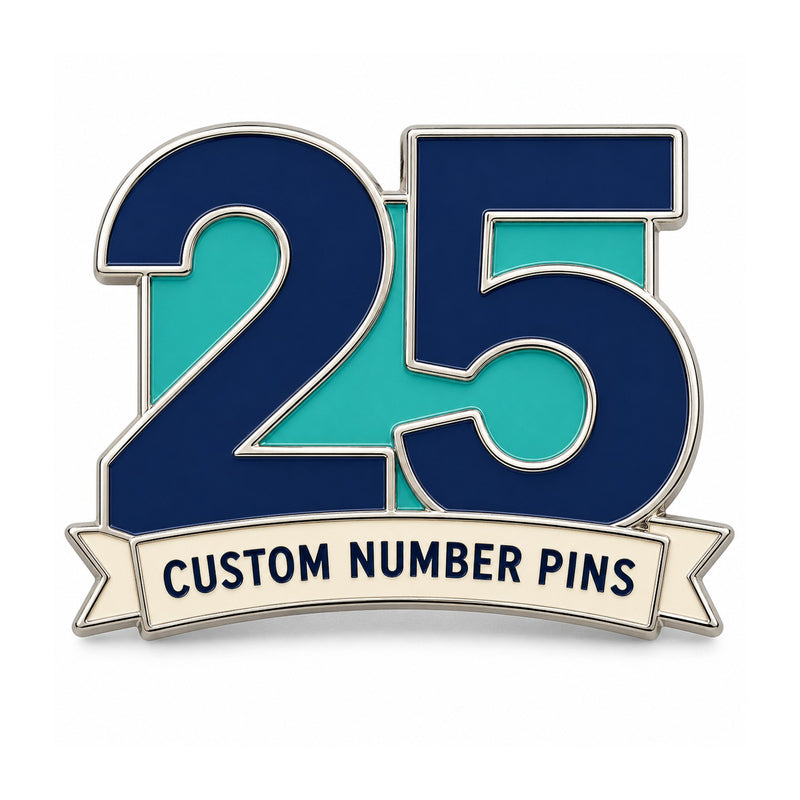 Blue and teal number 25 custom enamel pin with a white banner