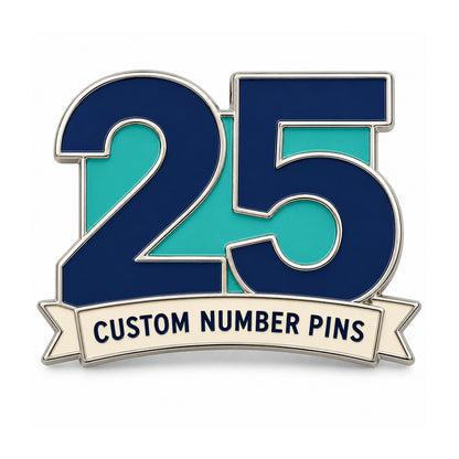 Blue and teal number 25 custom enamel pin with a white banner
