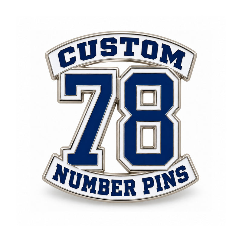Blue number 78 custom enamel pin with white top and bottom banners