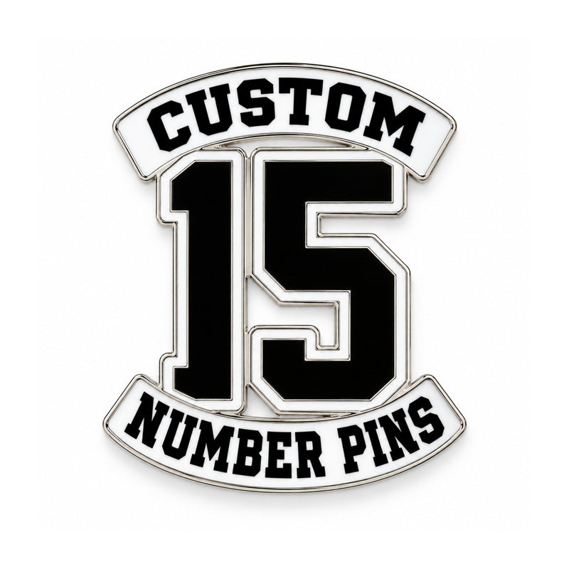 Black number 15 custom enamel pin with white top and bottom banners