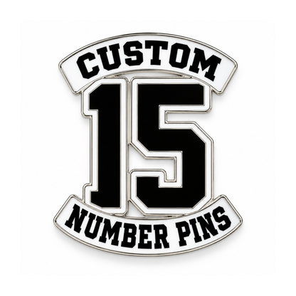 Black number 15 custom enamel pin with white top and bottom banners