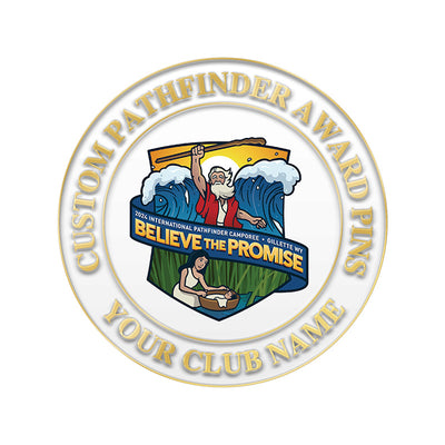 Custom Pathfinder Pins in Gold Featuring Circular Design With Central Medal Illustrating Moses Parting Red Sea And Woman Washing Garments With Custom Text Including Believe The Promise And Your Club Name Placeholder For Youth Group Recognition And Commemoration