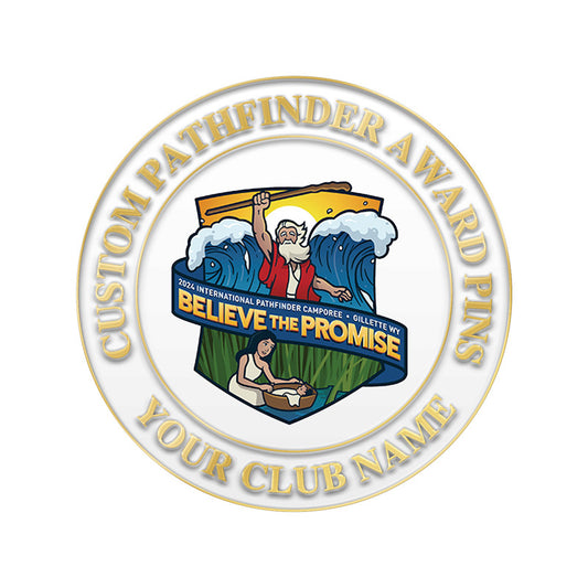 Custom Pathfinder Pins in Gold Featuring Circular Design With Central Medal Illustrating Moses Parting Red Sea And Woman Washing Garments With Custom Text Including Believe The Promise And Your Club Name Placeholder For Youth Group Recognition And Commemoration