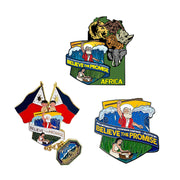 Custom Pathfinder Pins for 2024 International Championship Showcasing Three Distinct Theme Designs Including Philippine Flag Bearer, Global Blue Wave Scene, and Africa Wildlife Silhouette All Featuring Custom BELIEVE THE PROMISE Text For International Event Commemoration And Group Identity
