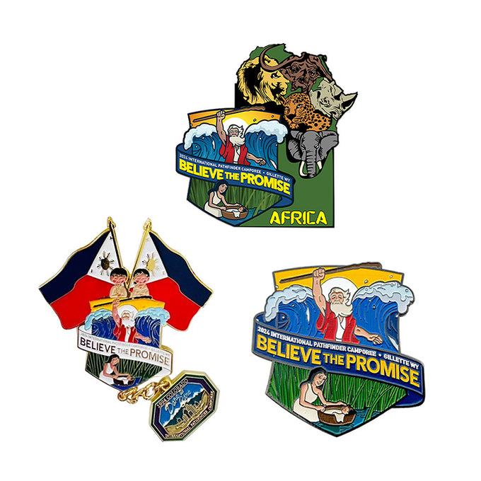 Custom Pathfinder Pins for 2024 International Championship Showcasing Three Distinct Theme Designs Including Philippine Flag Bearer, Global Blue Wave Scene, and Africa Wildlife Silhouette All Featuring Custom BELIEVE THE PROMISE Text For International Event Commemoration And Group Identity
