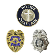 Custom Police Badges in Silver and Gold Showcasing Three Distinct Law Enforcement Designs: A Round Police Chaplin Badge, An Ornate Eagle Shield, And A Star Badge Featuring Arkansas State Police Custom Text For Department Recognition And Honor