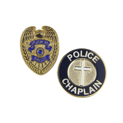 Custom Police Badges in Gold with 3D Sculpted Winged Heart and Circular Designs Featuring Cross and Eagle Emblems and Custom Text For Law Enforcement Identification And Honor