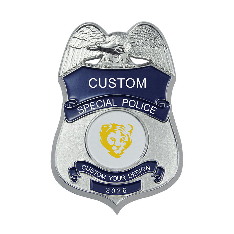 Custom Police Badges in Silver with Shield Shape Featuring Eagle and Lion Designs and Custom Text Banners