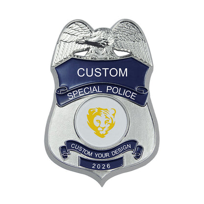 Custom Police Badges in Silver with Shield Shape Featuring Eagle and Lion Designs and Custom Text Banners