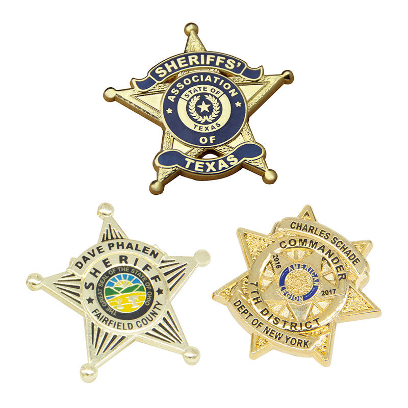 Custom Sheriff Badges Showcasing Three Distinct Law Enforcement Star Designs In Gold And Silver Finishes Featuring Detailed Custom Text For Texas Sheriffs Association, Fairfield County Sheriff, And American Legion Commander Recognition And Identity