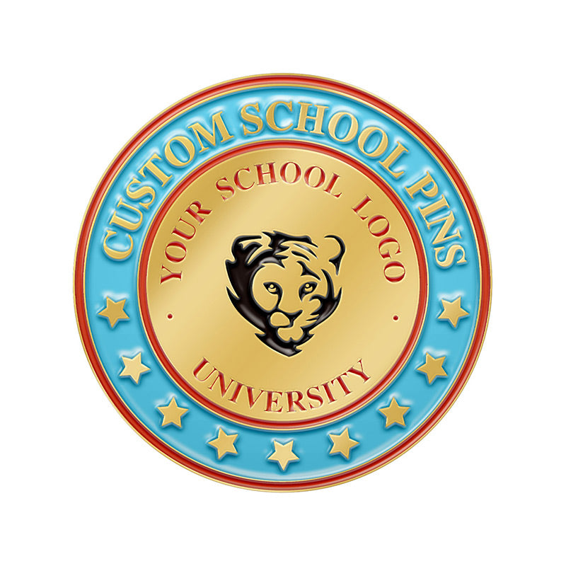 Custom School Pins In Gold With Circular Design Featuring Central Black Tiger Head Emblem On Red Ring Blue Banner With Gold Stars And Custom Text Including Your School Logo And University For School Commemoration And Identity
