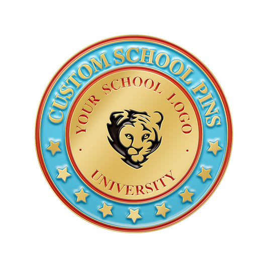 Custom School Pins In Gold With Circular Design Featuring Central Black Tiger Head Emblem On Red Ring Blue Banner With Gold Stars And Custom Text Including Your School Logo And University For School Commemoration And Identity
