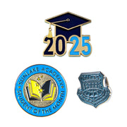 Custom School Pins in Gold and Silver Featuring Three Distinct Academic Badge Designs: A Dark Blue Graduation Cap with 2025 Text, A Circular Badge with Open Book and Stars, and A Shield Badge with School Insignia, All With Custom Text For Recognition And Commemoration
