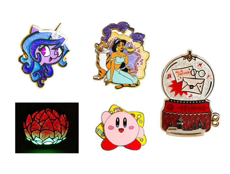 Custom Memorial Pins Showcasing A Collection Of Five Distinct Hard Enamel Designs Featuring Purple Glitter Unicorn Blue Swirl Princess Jasmine Scene Transparent Enamel And Textured Hogwarts Globe Glow In The Dark Red Flower And Pink Kirby Character Pin-On-Pin With Custom Text For Commemorative Collecting