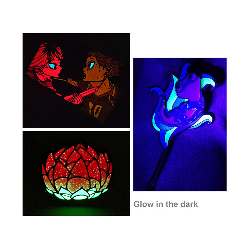 Custom hard enamel pin that glows in the dark; luminous enamel; polished metal finish.