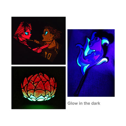 Custom hard enamel pin that glows in the dark; luminous enamel; polished metal finish.