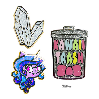 Custom hard enamel pin with glitter enamel; smooth polished surface; custom enamel pins.