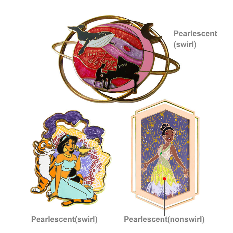 Custom hard enamel pin with pearlescent enamel; subtle sheen; premium enamel pin.