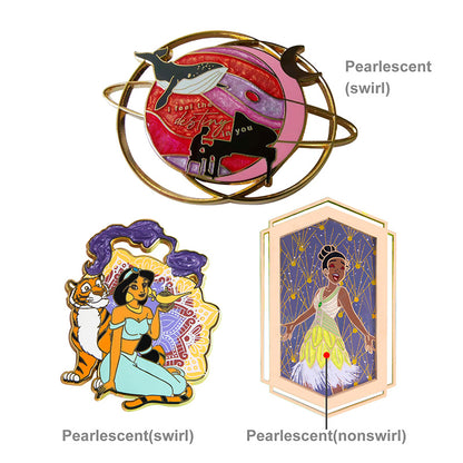 Custom hard enamel pin with pearlescent enamel; subtle sheen; premium enamel pin.
