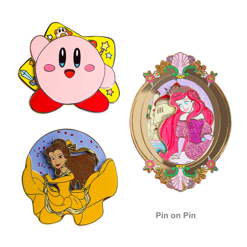 Custom hard enamel pin-on-pin layered design; stacked elements; premium custom pin.