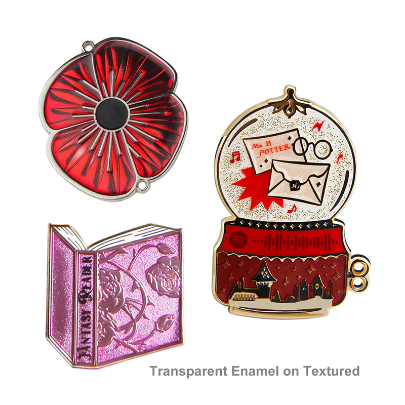Custom hard enamel pin with transparent enamel; stained-glass look; crisp metal outlines.