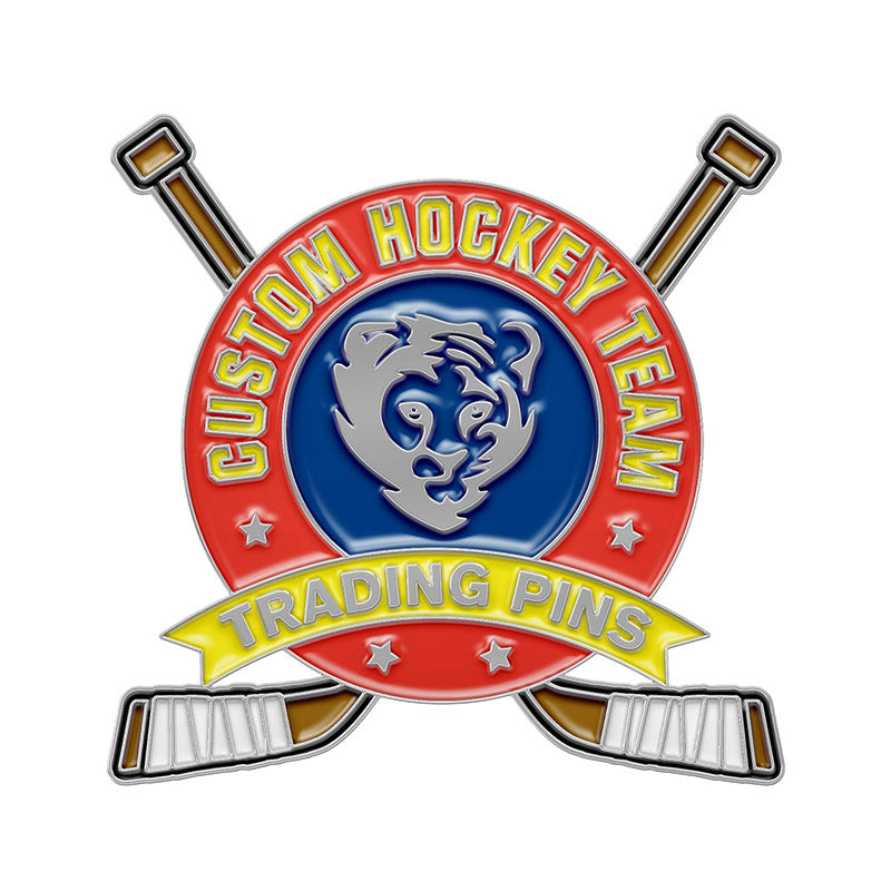 Custom hockey trading pin with a silver tiger head on a navy blue circular badge, crossed brown hockey sticks, and custom team text banners.