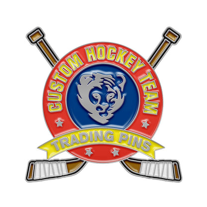 Custom hockey trading pin with a silver tiger head on a navy blue circular badge, crossed brown hockey sticks, and custom team text banners.