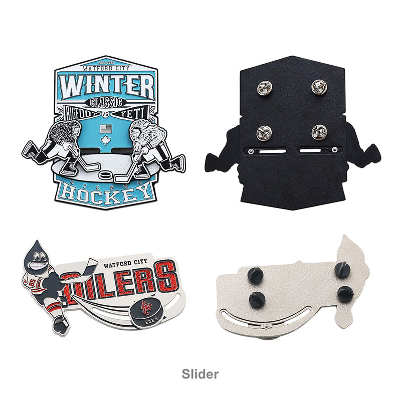 Custom slider hockey trading pins set showcasing two blue and white front designs with player graphics, alongside their gold backs, featuring team names like "OILERS" and "WINTER CLASSIC".