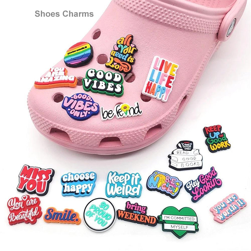 Custom PVC shoe charms; soft rubber accessories for clogs; fun decorative shoe charms.