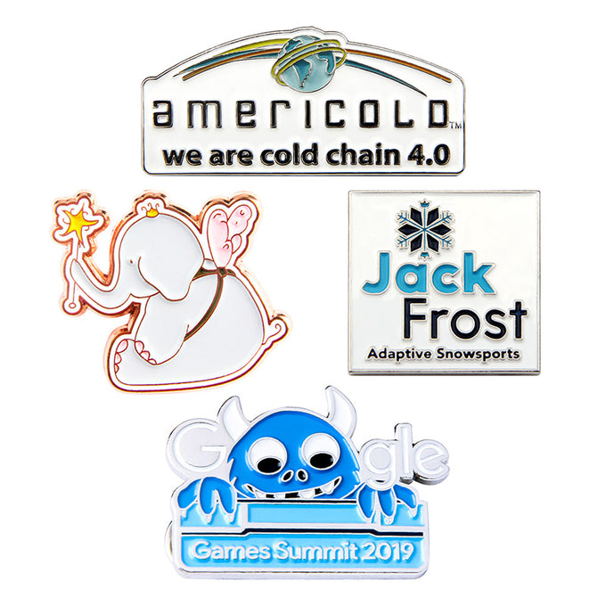 Custom soft enamel pin case sample; embossed metal with enamel color; custom enamel pins.