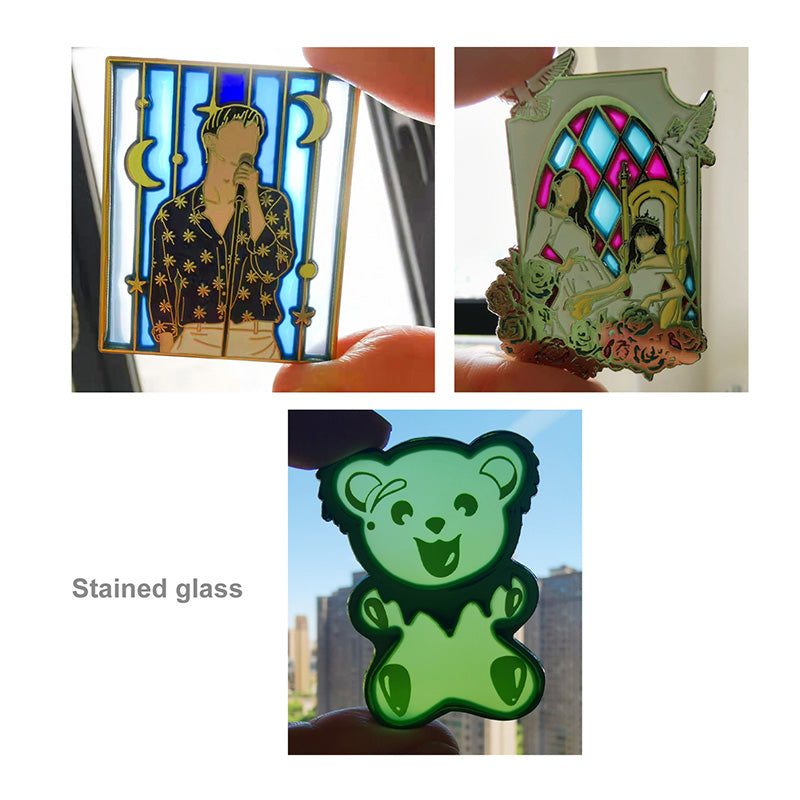 Custom soft enamel pin with stained-glass effect; translucent enamel; cutout look.
