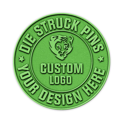 round die struck pin with metallic green plating for a bold custom finish