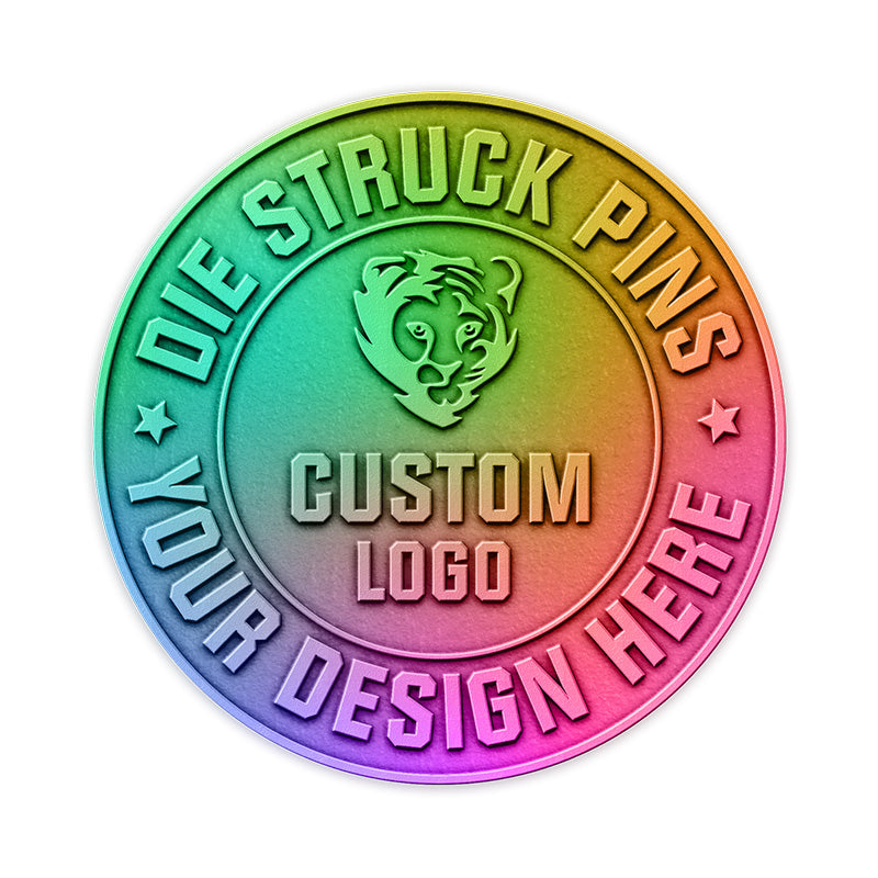 circular die struck pin with striking rainbow plated finish and recessed detail