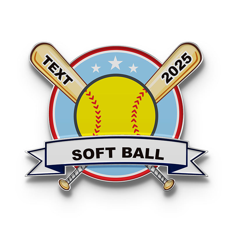 Custom softball trading pin with a yellow ball on a blue circle, red stitching, three white stars, and crossed bats, with custom team and year text.