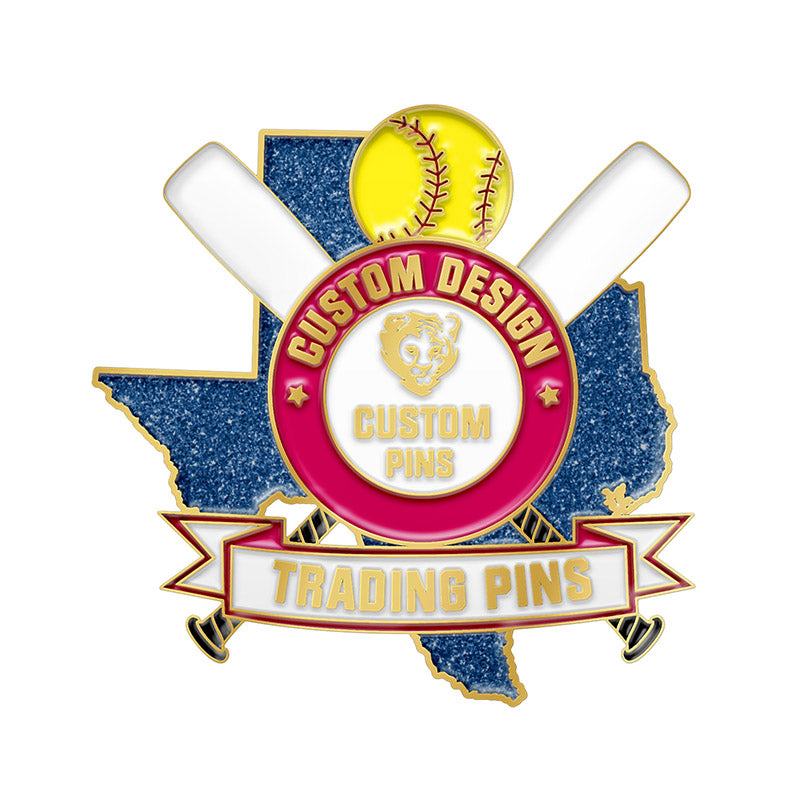Custom softball trading pin template in a Texas silhouette shape with crossed bats, a yellow ball, and central logo space, showcasing example text for design ideas.