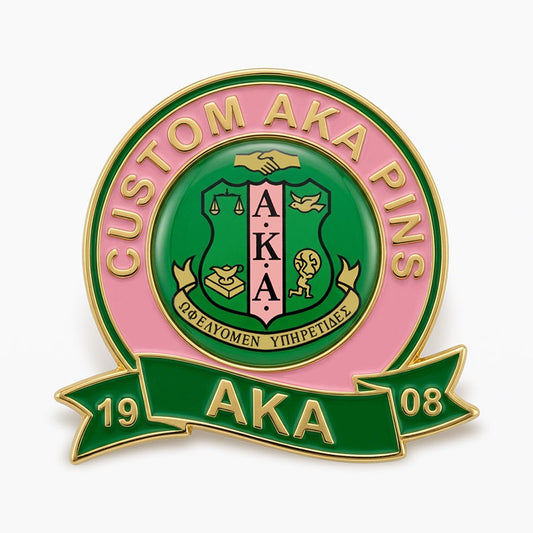 Custom gold-plated AKA sorority crest lapel pin with pink and green enamel filling.