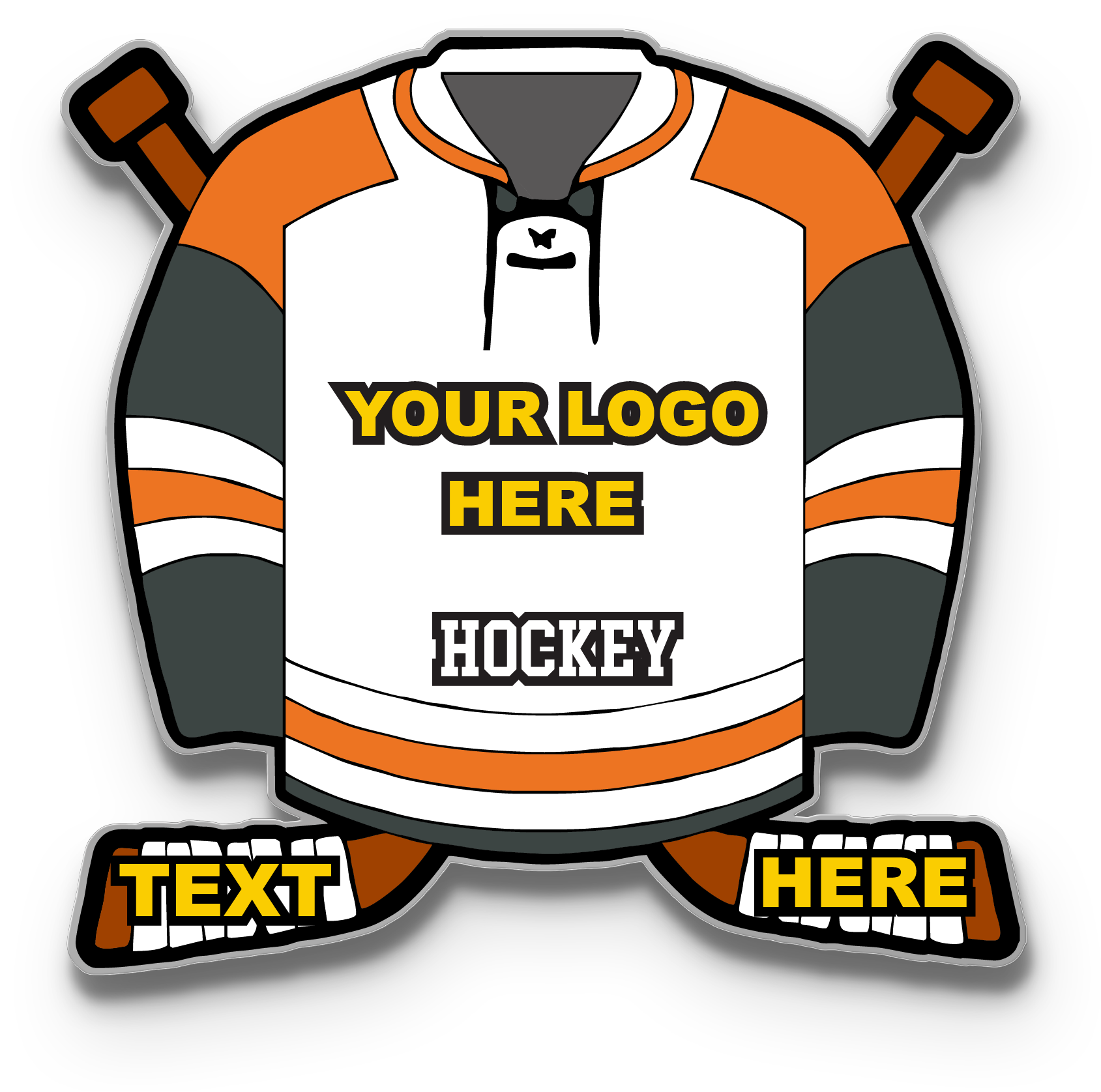Custom hockey trading pin template featuring a white and orange jersey design with crossed brown hockey sticks, showcasing customizable areas for your logo and team text.