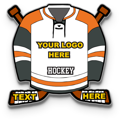 Custom hockey trading pin template featuring a white and orange jersey design with crossed brown hockey sticks, showcasing customizable areas for your logo and team text.