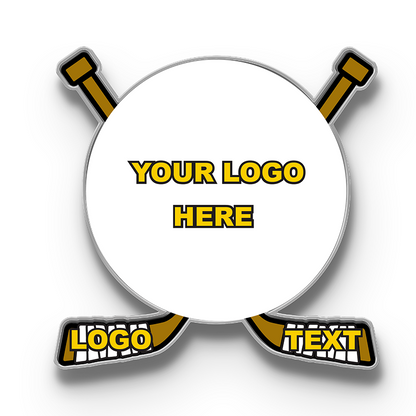 Custom hockey trading pin design template with crossed gold hockey sticks framing a central logo area, featuring customizable areas for your team logo and text.