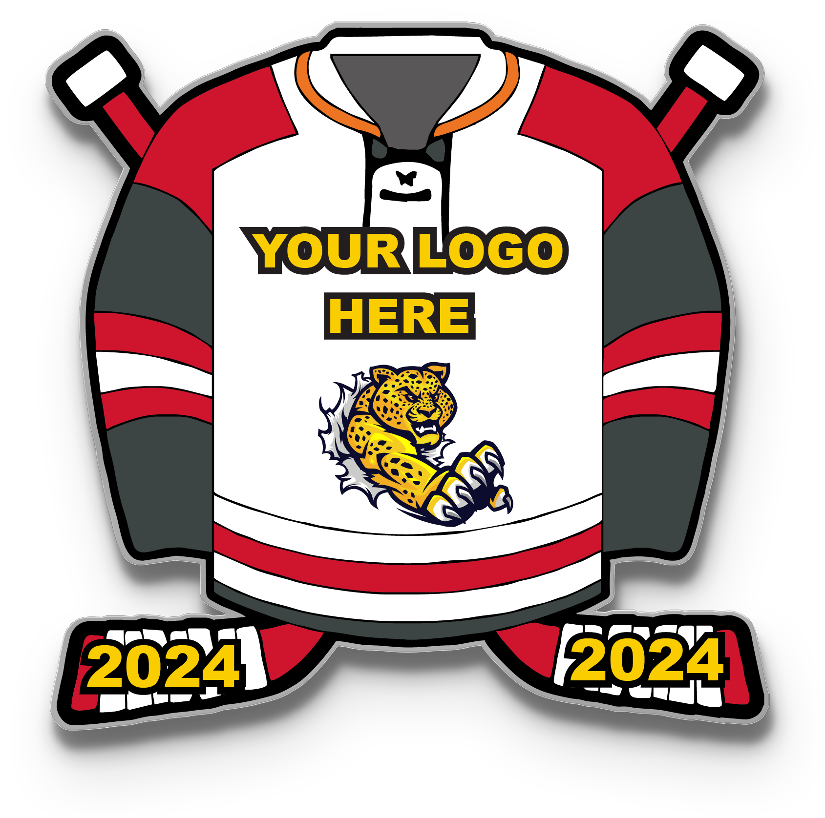 Custom hockey trading pin template with a roaring yellow tiger on a red and white hockey jersey over crossed sticks and 2024 banners, for team logo and name customization.