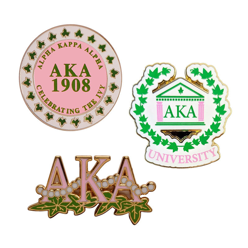 A collection of customizable alpha kappa alpa sorority sister lapel pins in various custom shapes.