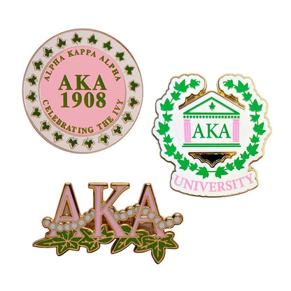 A collection of customizable alpha kappa alpa sorority sister lapel pins in various custom shapes.