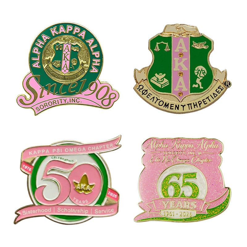 Four fully customizable Alpha Kappa Alpha lapel pins in different custom shapes, sizes, and anniversary designs, demonstrating product versatility.