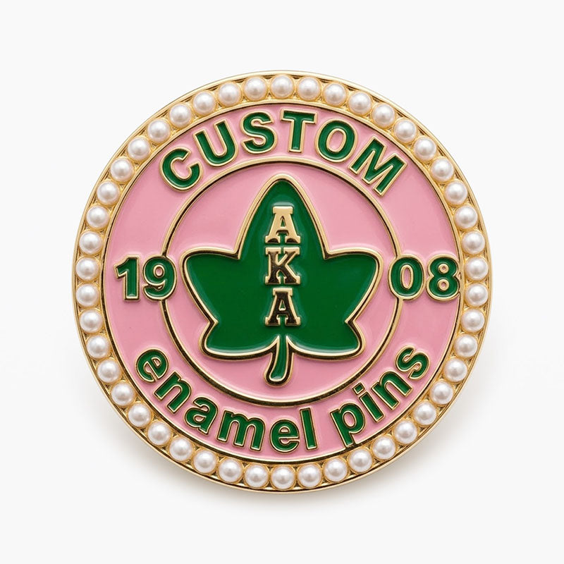 Custom round AKA pin featuring a green ivy leaf center and a pearl border.