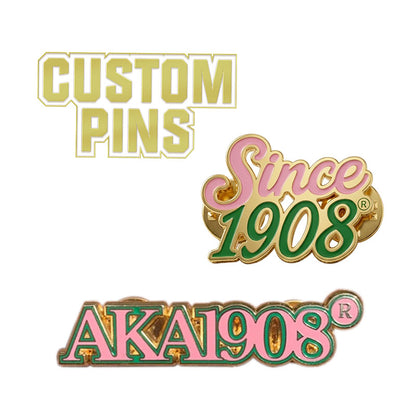 Two styles of customizable Alpha Kappa Alpha sorority pins displaying Since 1908 and AKA text designs.