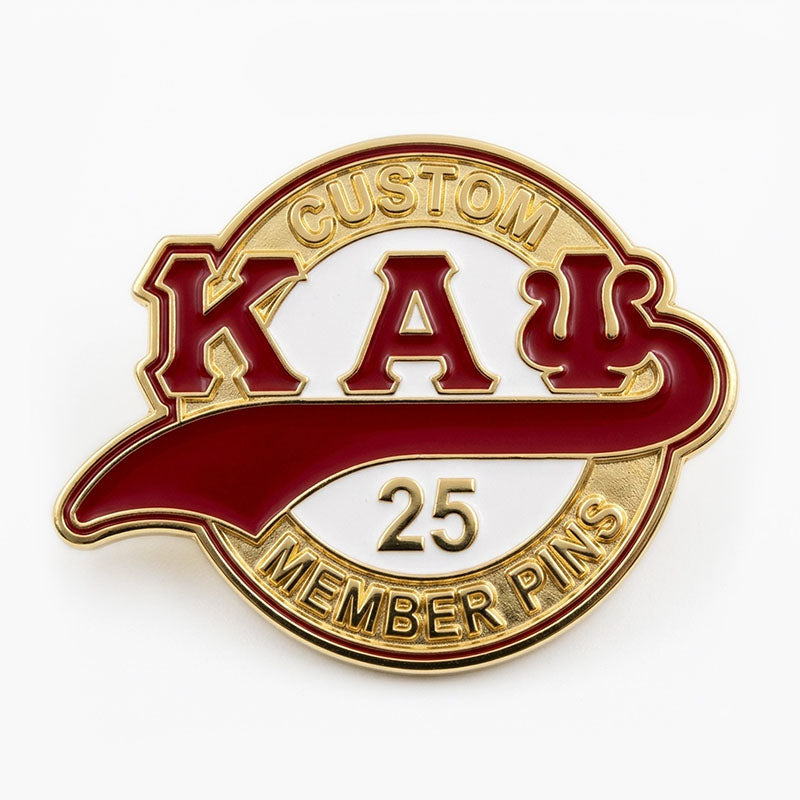 Custom Kappa Alpha Psi enamel lapel pin with gold plating, red Greek letters, and 25 years member text.