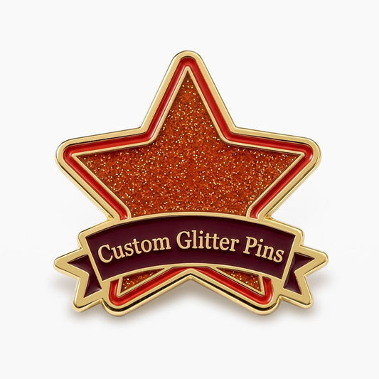 Custom enamel pins with glitter featuring Gold plating and an orange star design