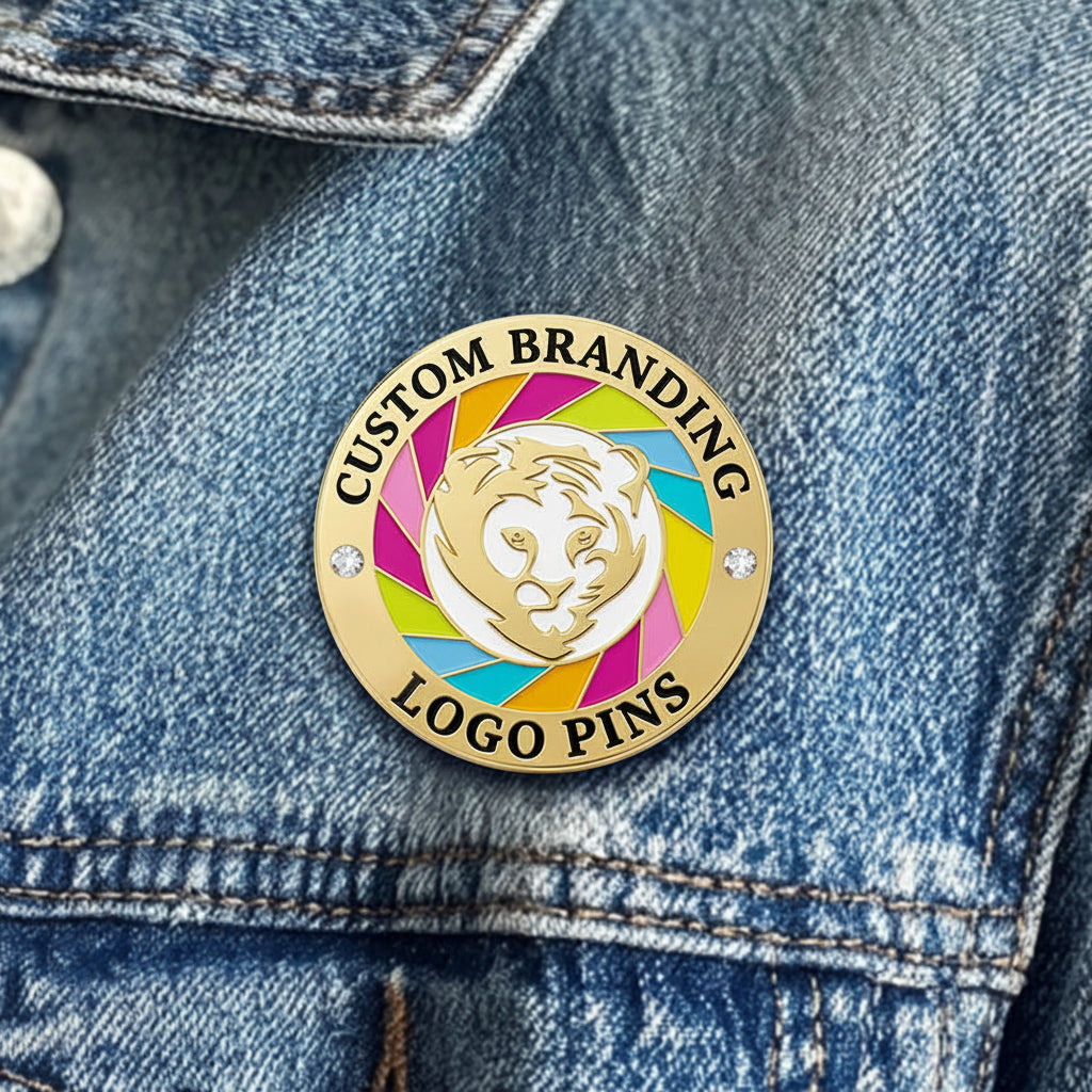 Custom enamel pin in Gold plating pinned onto a blue denim jacket for casual fashion styling