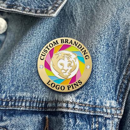 Custom enamel pin in Gold plating pinned onto a blue denim jacket for casual fashion styling