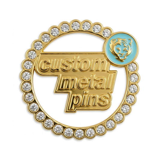 Custom enamel pins with rhinestones featuring Gold plating and a light blue tiger emblem